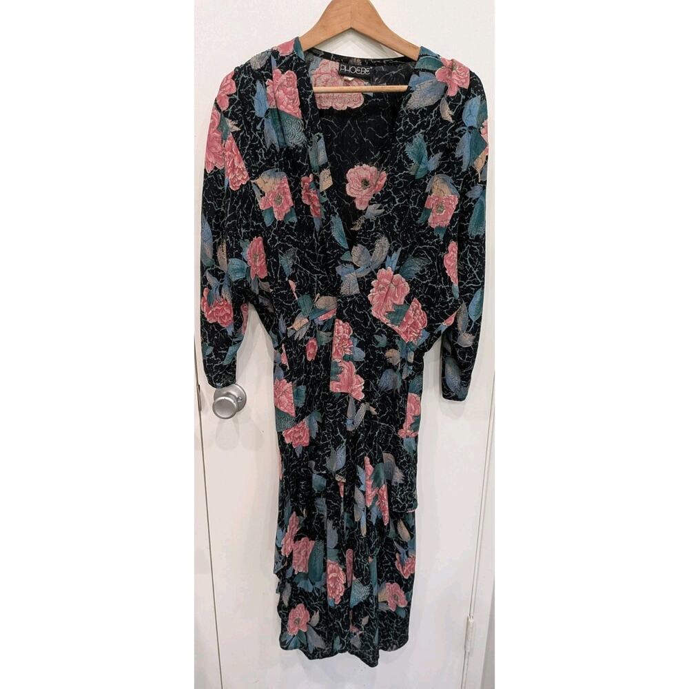 Vintage 90s Phoebe Buffay Style Whimsigoth Floral Midi Dress Dolman Sleeve Med
